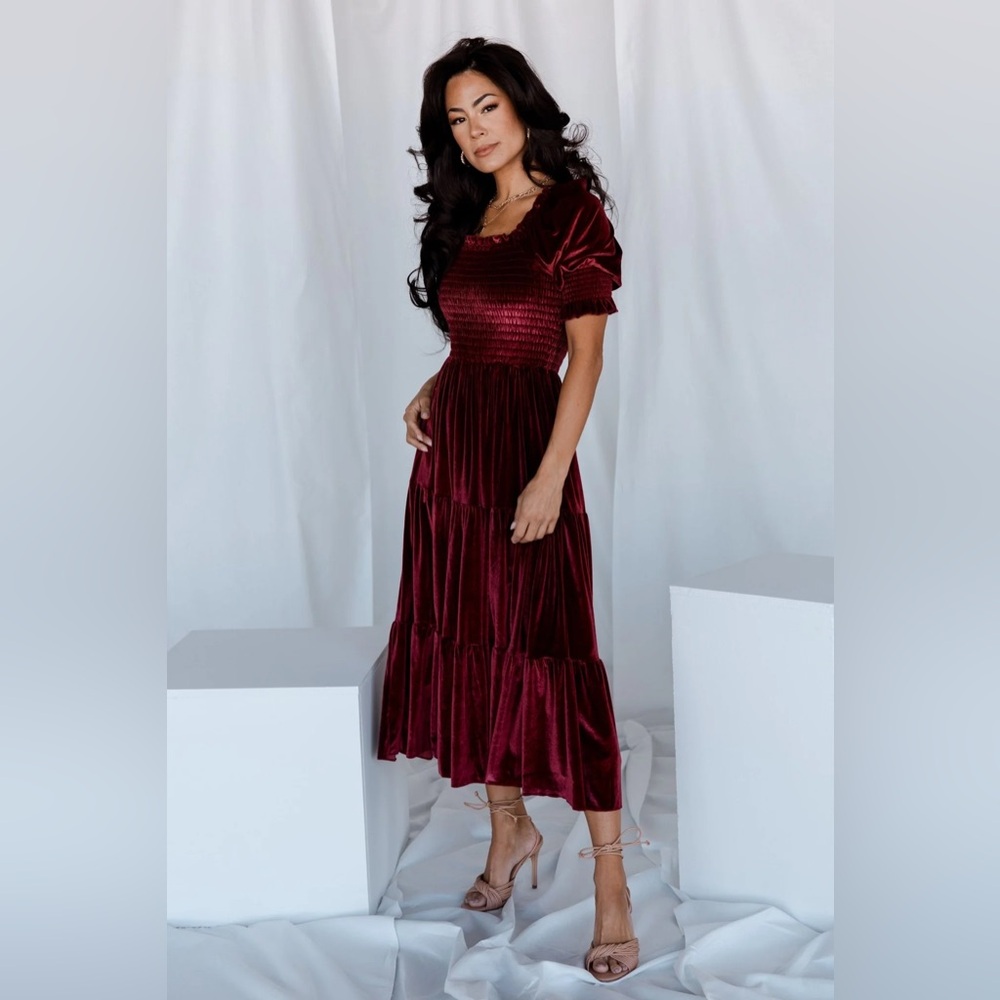 EUC Baltic Born Vivaldi Smocked Velvet Midi Dress Size xl Marsala